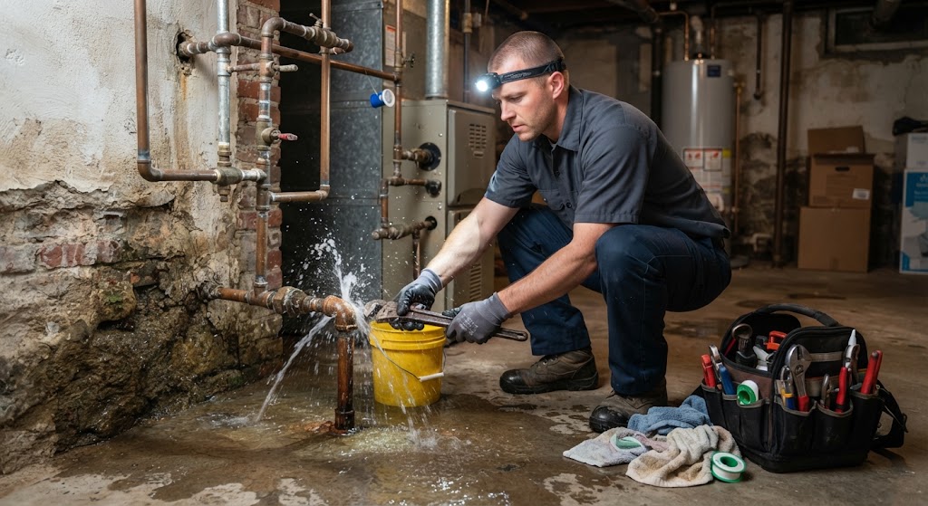 Emergency leak repair Long Branch NJ technician responding to active plumbing flood
