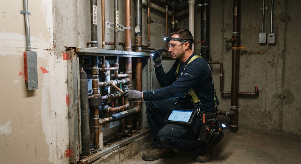 Acoustic water leak detection Long Branch NJ technician checking indoor pipes