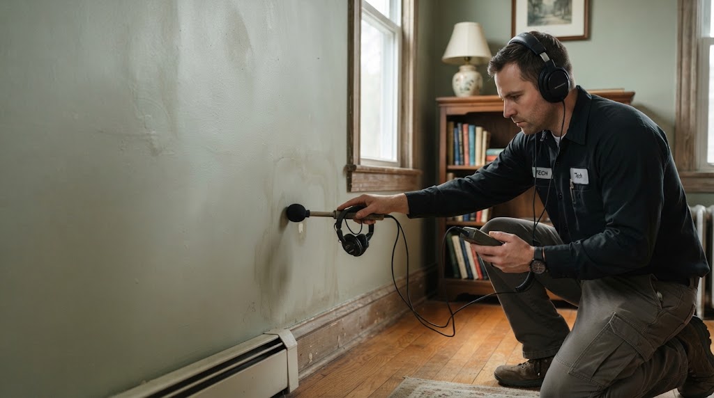 Thermal imaging equipment detecting moisture and hidden water leak behind interior walls