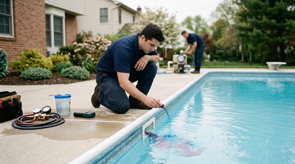 Pool leak detection Long Branch NJ specialist dye testing residential swimming pool skimmer